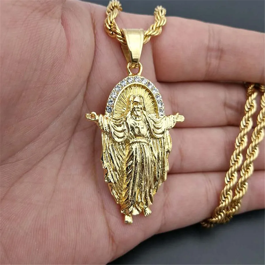 Iced Out Распятие Иисуса ожерелье и кулон с цепочкой из нержавеющей стали украшение золотистого цвета кубический циркон мужские хип хоп ювелирные изделия для Gi