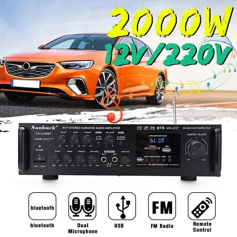 

2000W 12V/ 220V 2 Channel Equalizer bluetooth Home Stereo Power Amplifier USB Car Amplifier Home Theater Amplifiers Audio