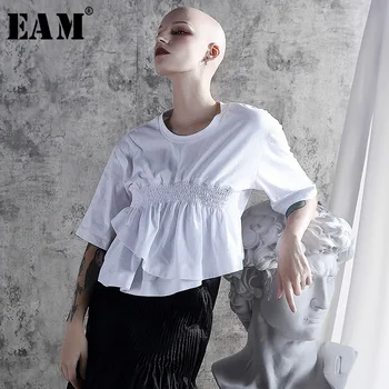 

[EAM] 2020 New Spring Summer Round Neck Three-quarter Sleeve White Pleated Loose Irregular T-shirt Women Fashion Trend JX636