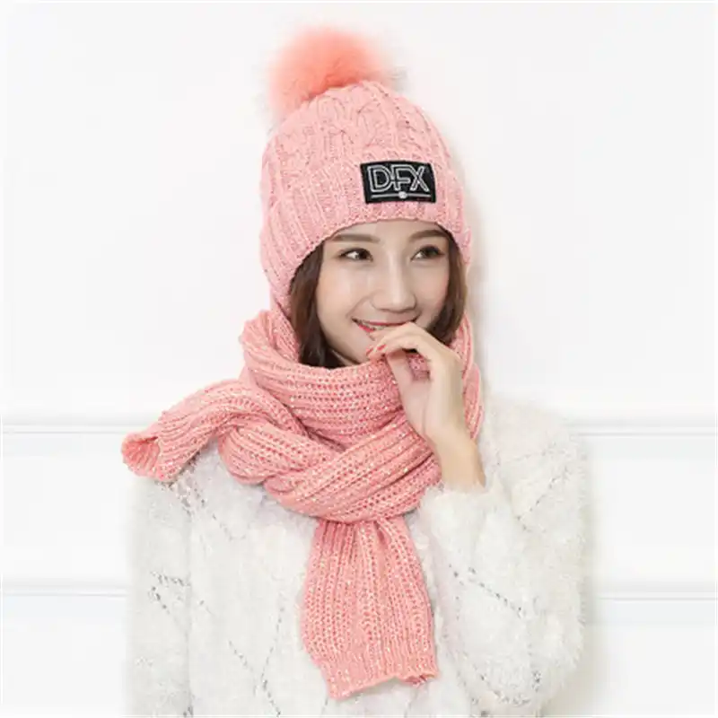 Immitation Wool Hat Female Winter Knit Hat Cold Weather Warm Head Cap Scarf Suit Windproof Ski Beanies Collars Set Wao Pcs Hat Female Winter Knitted Hatsknitted Hat