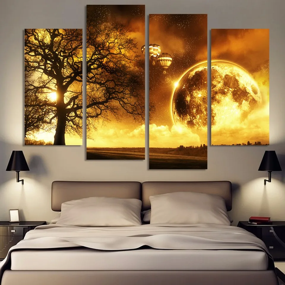 

Wall Art Modular Poster Frame HD Printed Modern 4 Panel Tree Planet Landscape Painting Canvas Living Room Pictures Home Decor