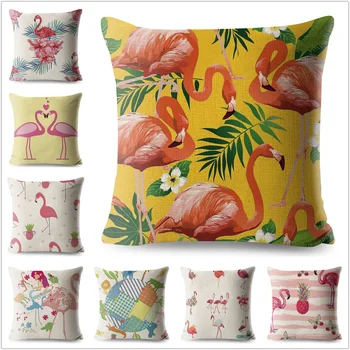 

Flamingos Pillow Case Cartoon Animals Linen Cotton 45*45 Yellow Cushion Cover for Sofa Home Decorative Printed Throw Pillowcase