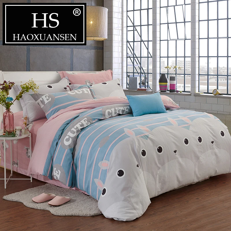 

HS Cute Cartoon Rabbit Stripe 4pcs Sanding Bedding Set Printing Soft Warm Queen King Size Bed Sheet Set Duvet Cover Pillowcase