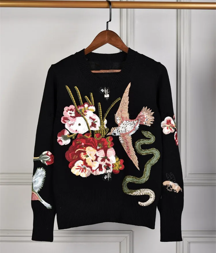 

New arrival Autumn winter diamonds sweaters Fashion women's beading flower embroidery black sweaters Tops G054