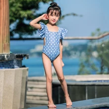 Летний пляжный купальник в горошек для маленьких девочек, цельный бикини с оборками, купальная одежда с открытой спиной и купальный костюм с бантом и шляпой
