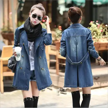 

Vintage Denim Jacket For Women Long Sleeves Sashes Casual Long Jeans Jacket Slim Oversized Denim Coat E34