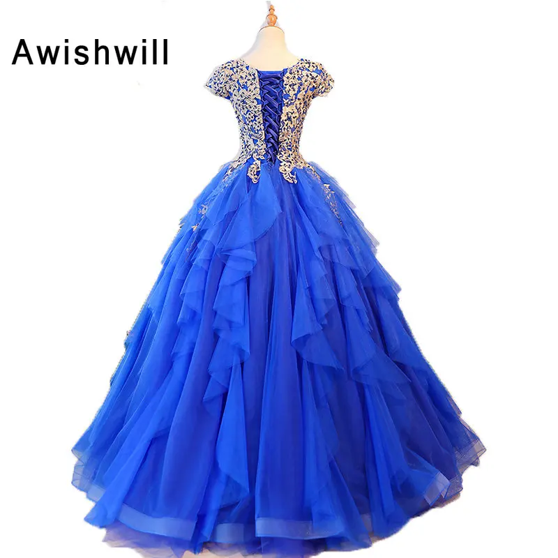 windsor prom dresses Floor Length Blue Prom Dresses Short Sleeves Lace-up Back Applique Beaded Ball Gown Vestidos Debutante Robe Special Occasion long sleeve prom & dance dresses