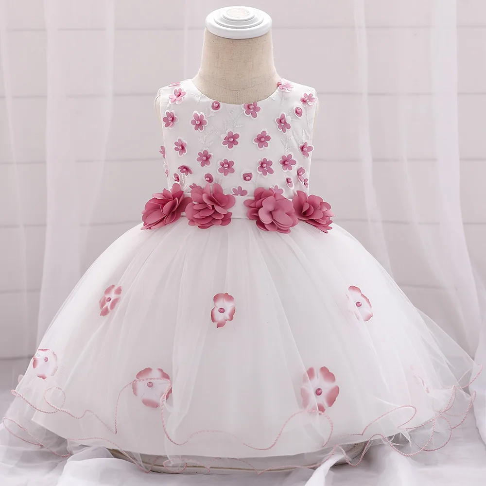 Платье для маленьких девочек розовое платье для крещения с вышивкой и жемчугом для девочек на день рождения, свадьбу, одежда для малышей, халат bebe fille - Цвет: L1895XZ-WR