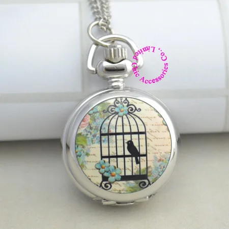 Модные женские серебро, эмаль Bird Cage карманные часы ожерелье клетка рисунок Hour Clock оптовая цена покупатель хорошее antibrittle