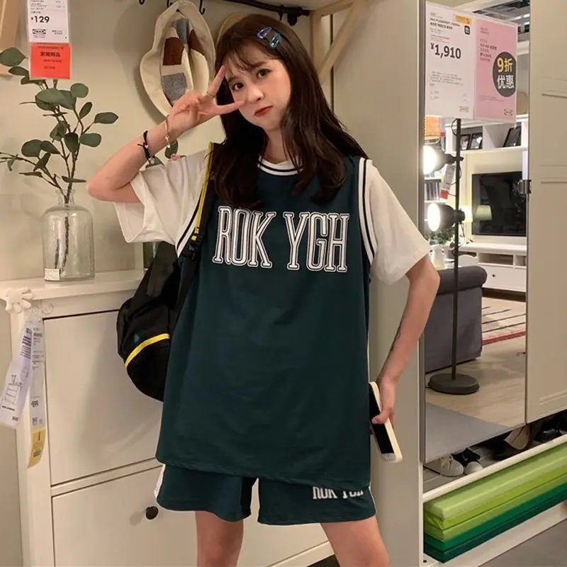 Sexy Loose Letter Sleeveless T Shirt Short 2 Piece Set Summer Female Clothing Tracksuit Two Piece Outfit For Women Suit Set