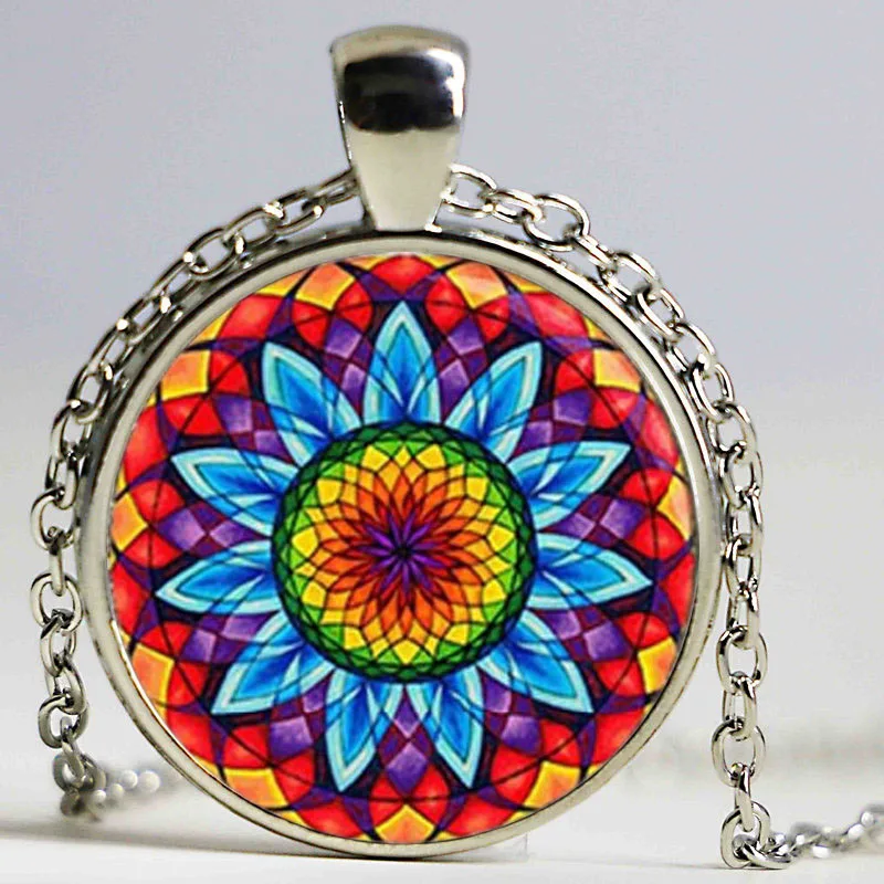 

Handmade Kaleidoscope Buddhism Mandala Necklace Art Glass Dome Vintage Neon Blue Pink purple green Mandala boho pendant