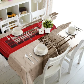 

3d Streetscape Tablecloth Red Telephone Booth and Bus in London Street Washable Thicken Rectangular Table Cloth for Wedding