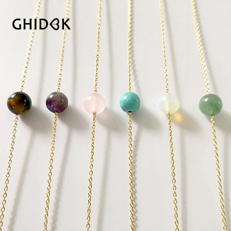 

GHIDBK 8mm Colorful Tiny Opal Bead Gold Necklaces Minimalist Genuine Natural Stone Chokers Collares Best Jewelry Gifts for Women