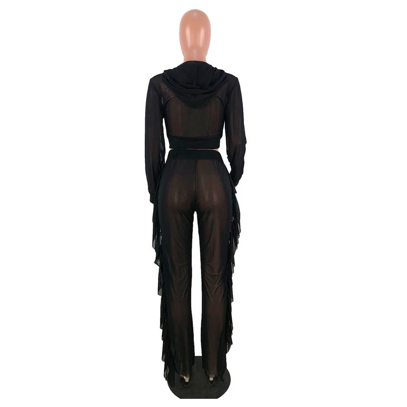 2019 Black Mesh Two Piece Set See Through Hoodies Crop Top Stringy Selvedge Ruffles Side Long Pants Sweat Suit Sexy Perspective