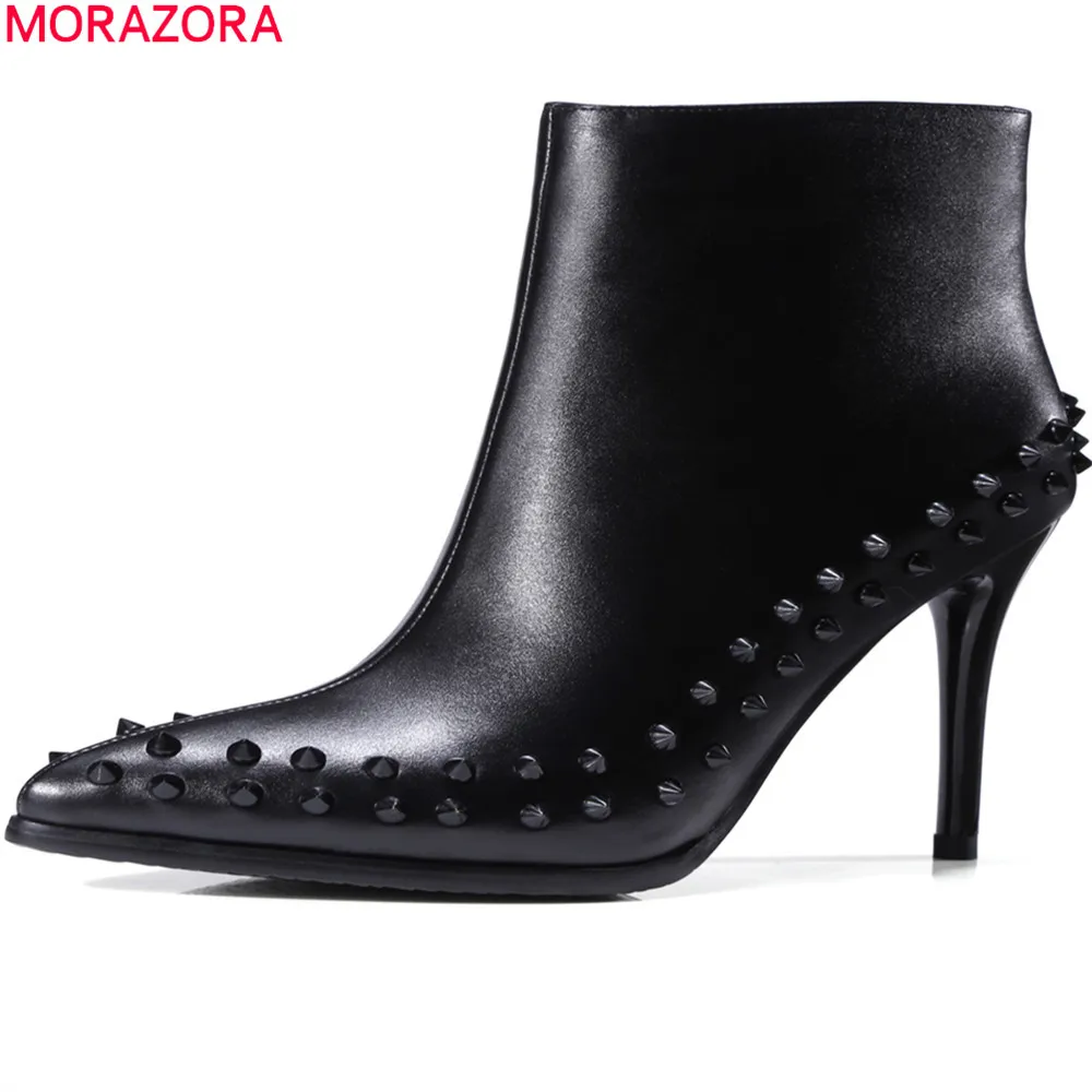 MORAZORA big size 33-43 fashion women boots pointed toe lady genuine leather boots thin heel super high cow leather ankle boots цена MORAZORA big size 33-43 fashion women boots pointed toe lady genuine leather boots thin heel super high cow leather ankle boots цены онлайн