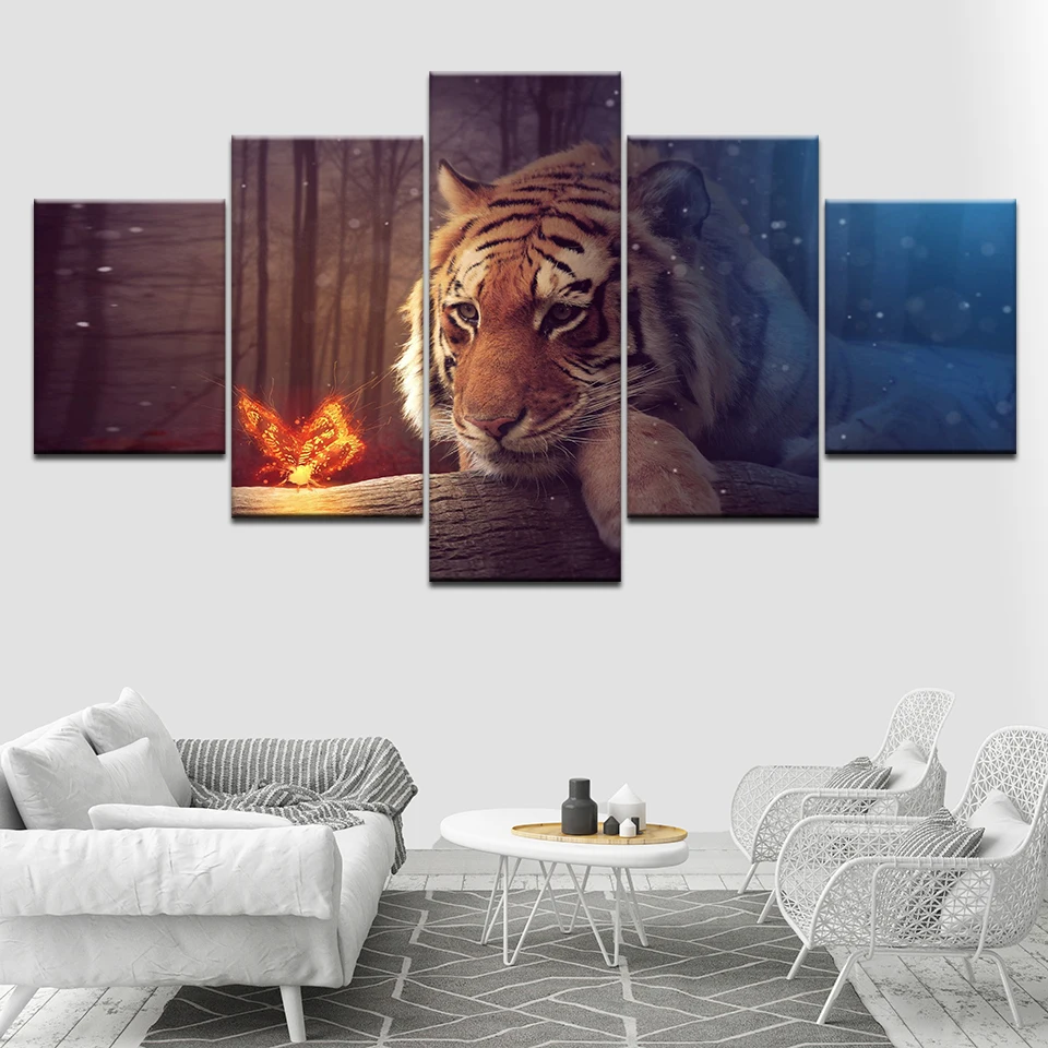 

Canvas Painting tiger looking Golden butterfly animal Wall Art Pictures 5 Pieces Modular Wallpapers Poster Print for Home Decor