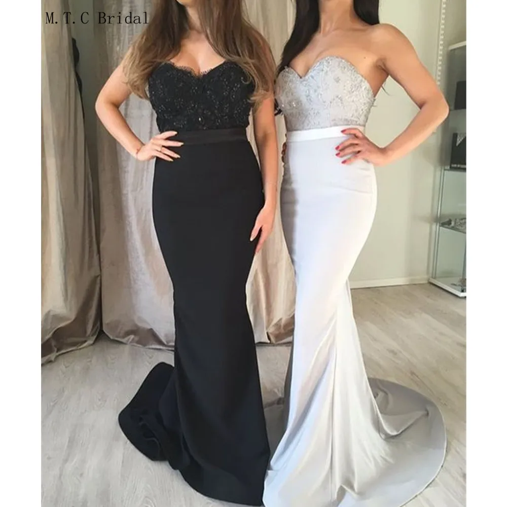 

High Quality Black Mermaid Long Prom Dresses Strapless Appliques Elastic Satin Cheap Evening Gowns 2019 Vestido De Festa