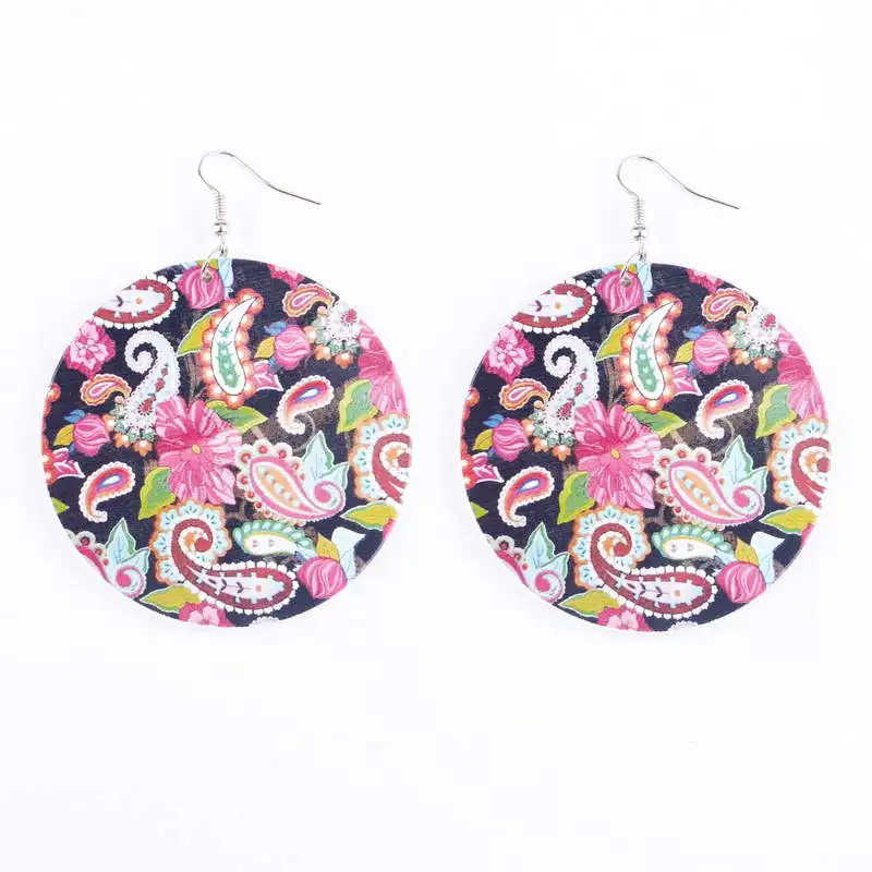 

ZWPON 2018 New Bohemian Round Natural Wood Big Earrings for Women Spring Geometric Printing Vintage Wooden Earrings Wholesale