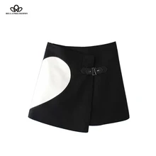 Осень Зима Новая любовь сердце печать шерстяная женская красная черная Асимметричная обертка юбка с кожаные пуговицы