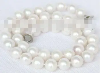 

natural 17" 10-11mm round white freshwater pearls necklace magnet clasp E8674