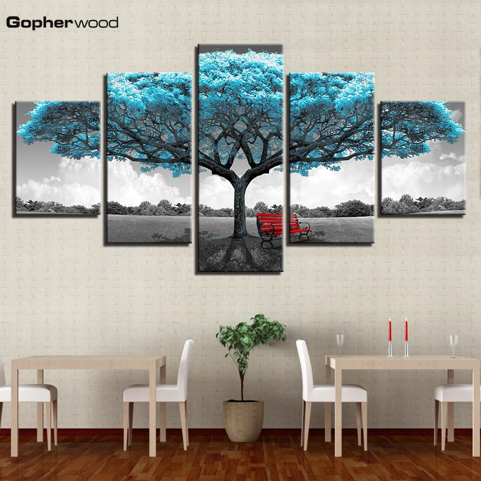

Canvas Prints Paintings Framework Living Room Decor 5 Pieces Blue Big Tree Red Chair Pictures Abstract Landscape Poster Wall Art