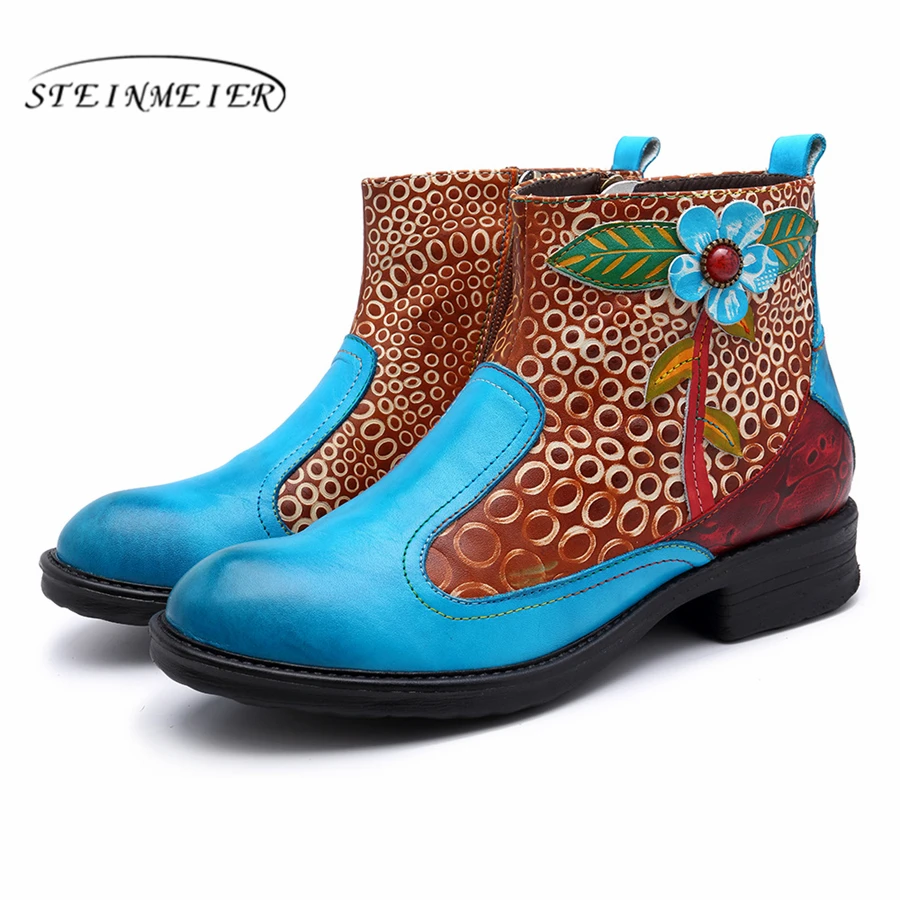 

Women winter Boots Genuine cow Leather Ankle Retro Comfortable quality soft Shoes handmade stitching women boots blue 2019