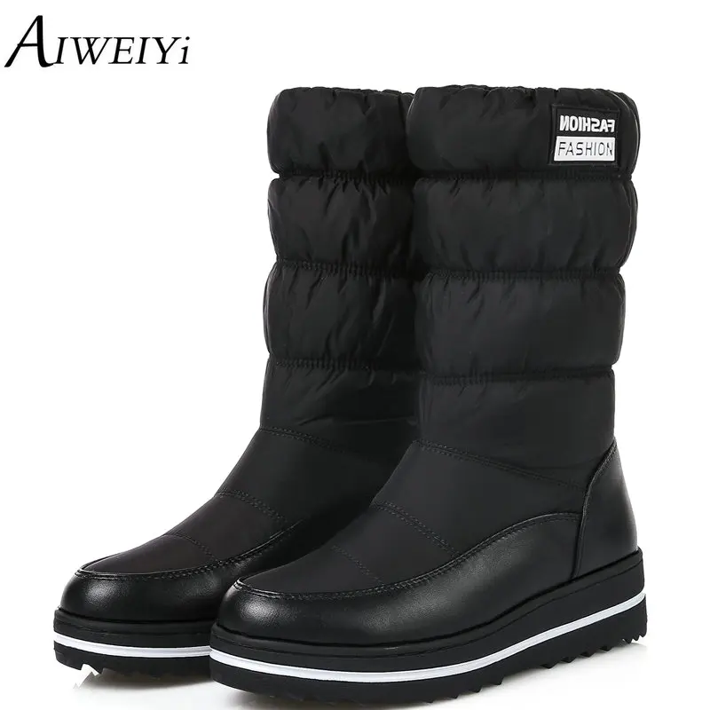 

AIWEIYi Large Size 35-44 Mid Calf Boots Round Toe Flat Heel Platform Women Boots High Quality Pu Leather Thick Winter Snow Boots