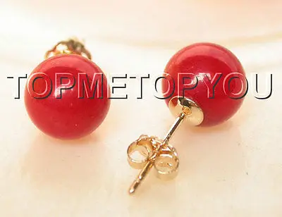 

Free Shipping >> New hot round 9.5mm red coral stud Earrings 14k gold E1115