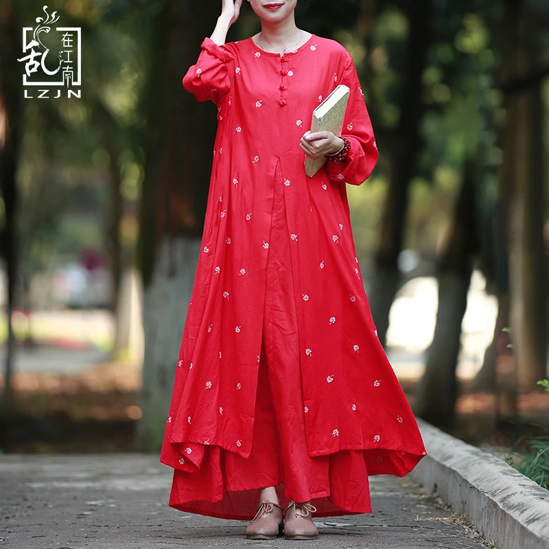 

LZJN A-Line Embroidery Maxi Dress 2020 Autumn Winter Women Gown Long Dresses Mori Two Pieces Red Black Robe Femme Elbise 32253