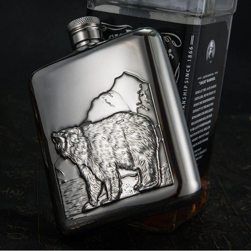 

Embossing White Bear Pattern Stainless Steel 6oz Hip Flask Whiskey Vodka Storage Flagon With Funnel Hand Carved Bear Hip Flask