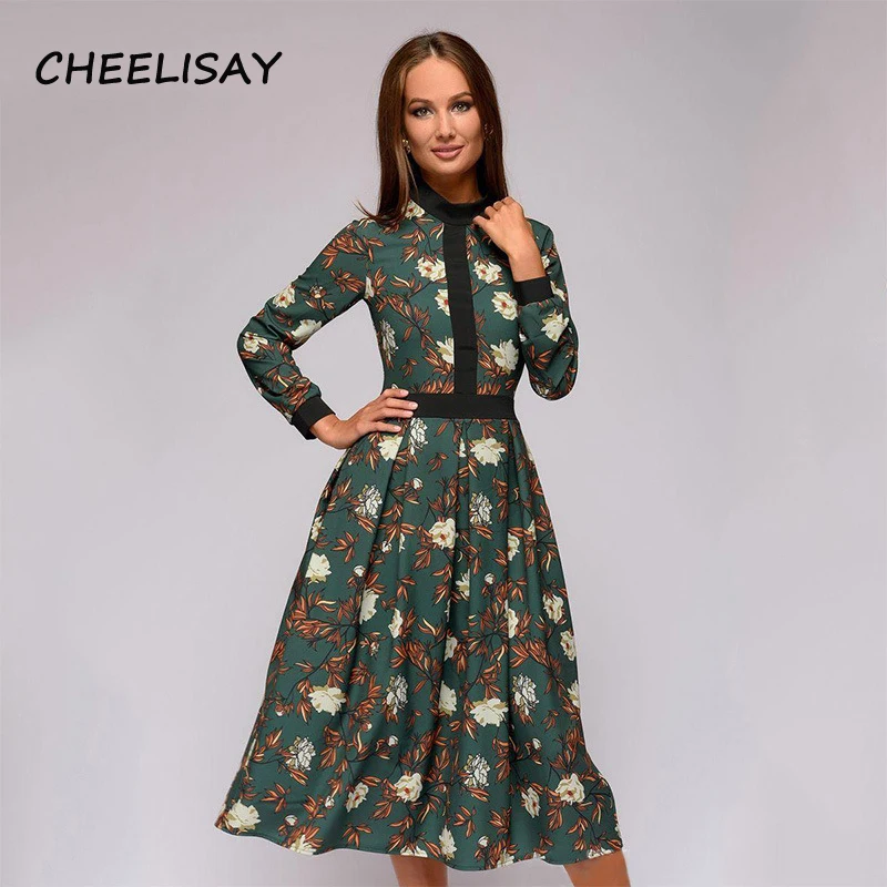 

2019 Spring patchwork printing women A-line dress vintage style vestidos for female Casual bottom Short dress