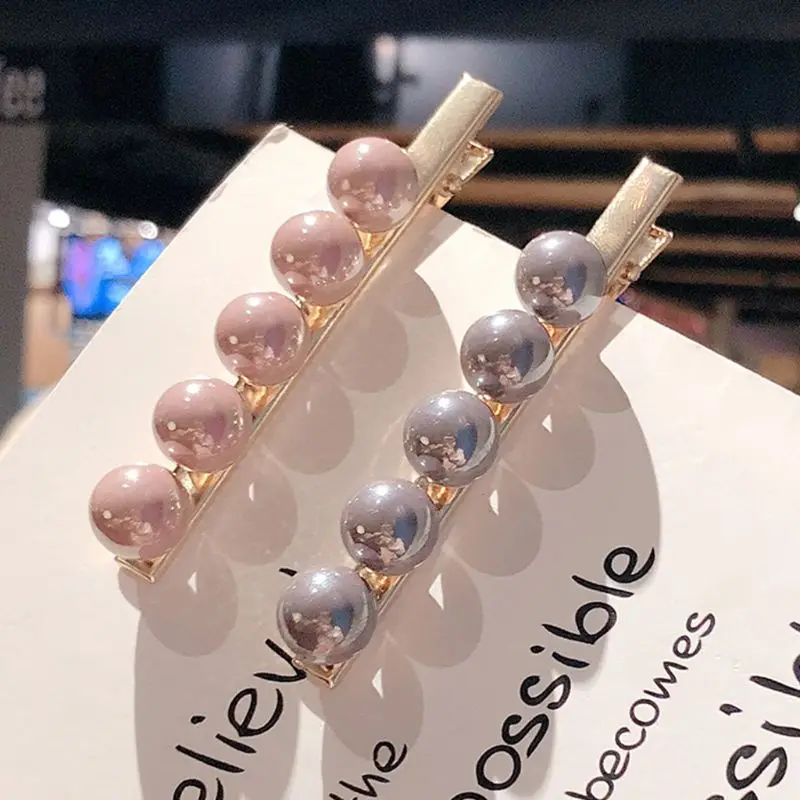 Women Minimalist Style Metal Alloy Straight Duckbill Hair Clips Round Peas Ball Faux Pearl Decor Hairgrips Glitter Metallic Barr