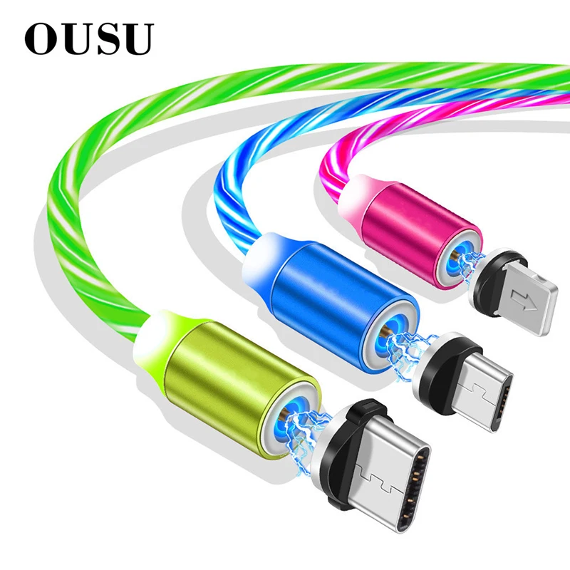

OUSU 2.4A Fast Charging 3 in 1 Magnetic Cable For iphone Glowing USB Type C Magnet Charger Cable For xiaomi Micro USB Android