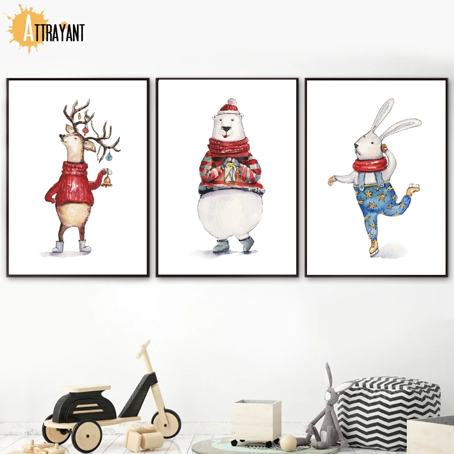 

Watercolor Deer Bear Rabbit Wall Art Canvas Painting Nordic Posters And Prints Wall Pictures Kids Room Baby Boy Girl Room Decor