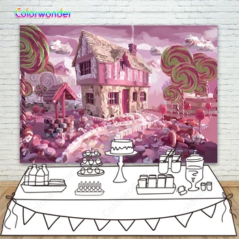

Pink Candyland Lollipop Background Printed Marshmallows Clouds Sugars Path Backdrop For Baby Shower Infant Birthday Party Decor