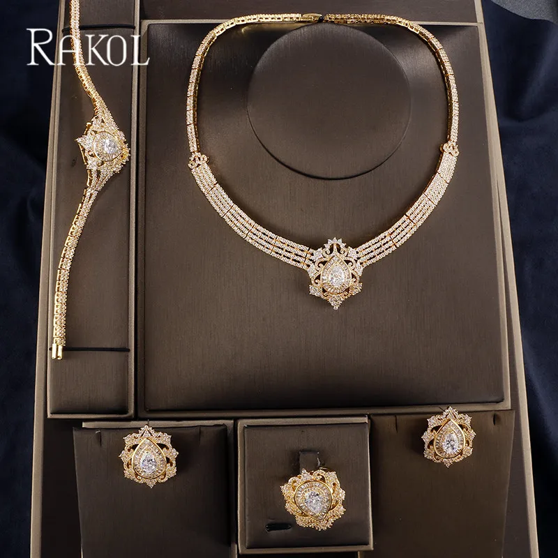 

RAKOL Nigeria Wedding Earrings Rings Bangle And Necklace For Bridla Women Cubic Zircon 4pcs Luxury Jewelry Set