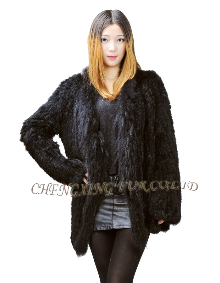 CX-G-A-67 вязаное пальто из натурального кроличьего меха с отделкой енота~ Прямая - Цвет: Черный