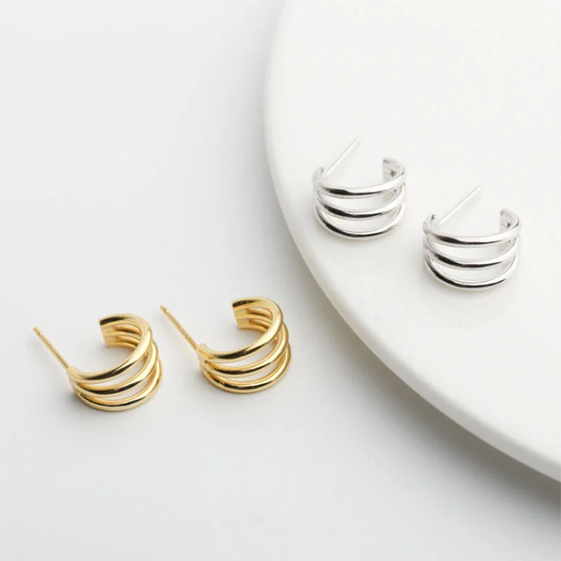 

925 Sterling Silver Gold Color Semicircle Stud Earrings for Women Metallic Feel Personalized Golden Fashion Female S925 Jewelry
