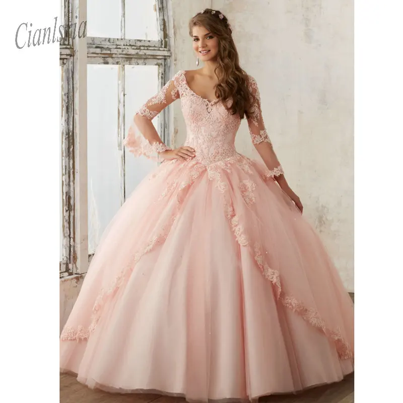 Румяна розовые платья Quinceanera сладкий 16 платье длинная юбка в пол из тюля подростков обувь для девочек Пышное Vestidos de 15 anos - Цвет: same as pic