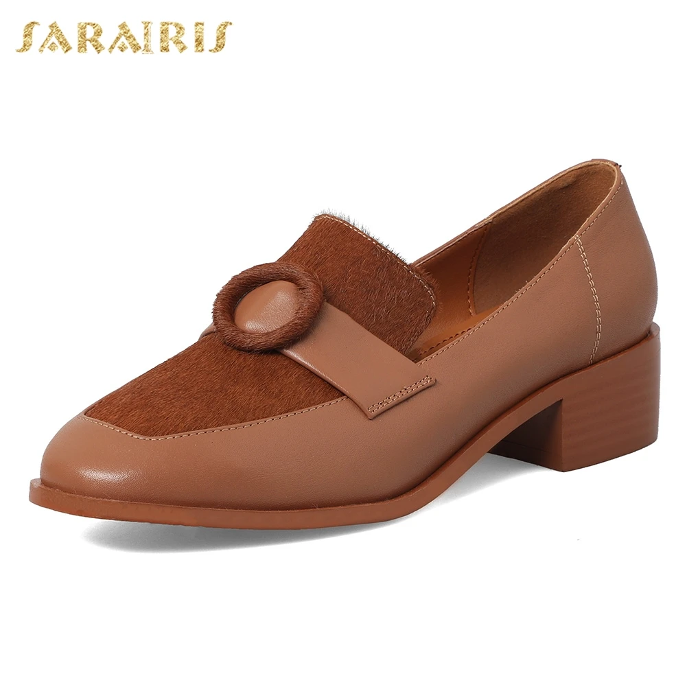 

Sarairis Hot Sale Top Quality Genuine Cow Leather And Horsehair Pumps Woman Shallow British Style Med Heels Shoes Woman