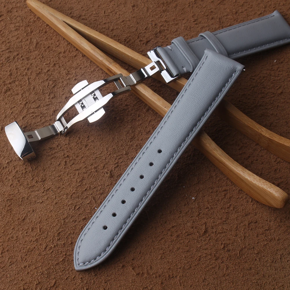 

Soft Watchband smooth Grey Genuine Leather Watch band strap silver stainless steel butterfly buckle 16mm 18mm 20mm Watches bands