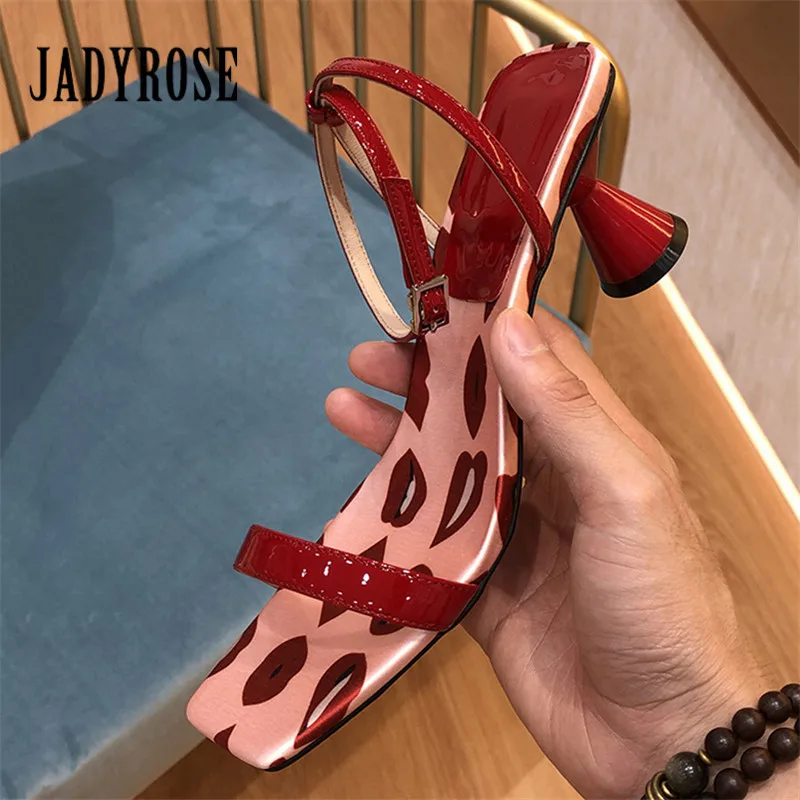 

Jady Rose Lip Print Women Sandals 6CM High Heels Summer Strange Heel Sandal Square Toe Dress Shoes Woman Sandalias Mujer