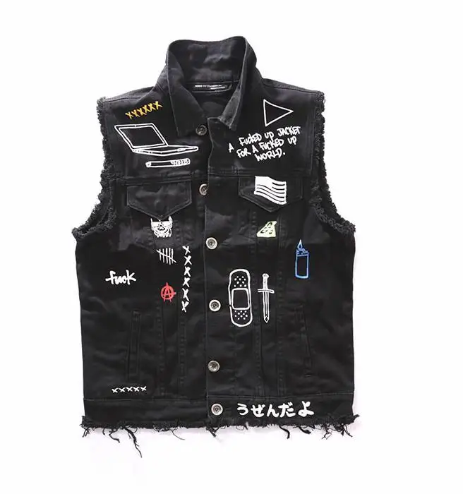 

Men's Fashion Black Denim Vests Men Motorcycle Biker Vest Graffiti Print Hip Hop Punk Rock Cowboy Sleeveless Jacket Coat S-2XL