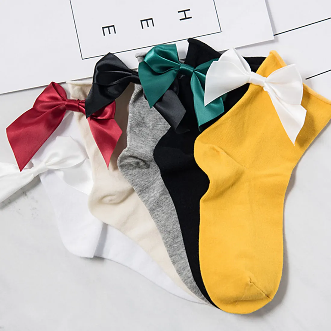 Кавайный конфетный цвет носки с бантиком повседневные женские цветные короткие носки дамские носки с бантиком Sox с большим бантом женские носки kawaii