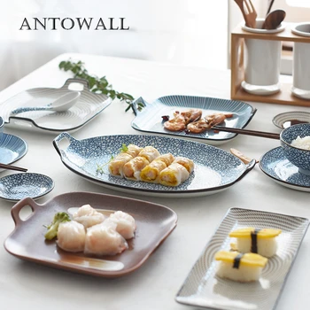 

ANTOWALL Japanese Style Hengfeng Retro Ceramic Plate Under Glazed Binaural Handle Dish Household Breakfast Sushi Plate Dish