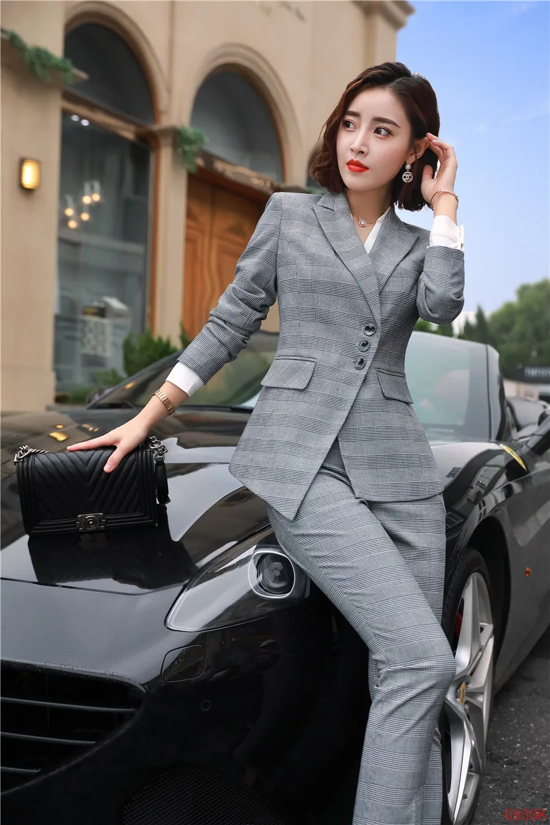 2019 Formal Elegant Women's Ladies Grey Striped plaid Blazer Business