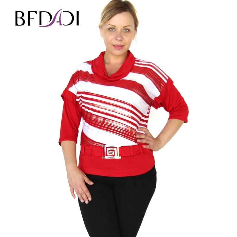 

BFDADI New Fashion Stripe Tee Tops Women T Shirt Bat Three-quarters Sleeve Turtleneck 2016 Autumn and Winter Loose T-shirt 9157