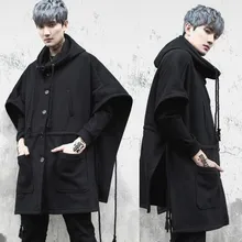 Осень-зима, мужской длинный плащ в стиле хип-хоп, панк-рок, без рукавов, плащ с капюшоном, для ночного клуба, диджея, негабаритный, для сцены, куртки, толстая накидка