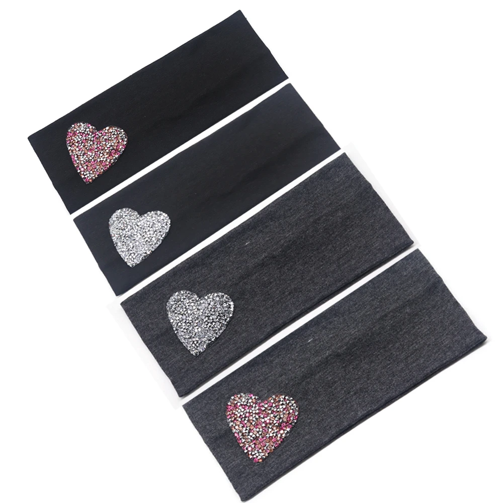 

8cm Women's Headband Summer Cotton Flat Hair Head band with Silver Heart Applique for Girls Rhinestone Bandage Hair Accessories