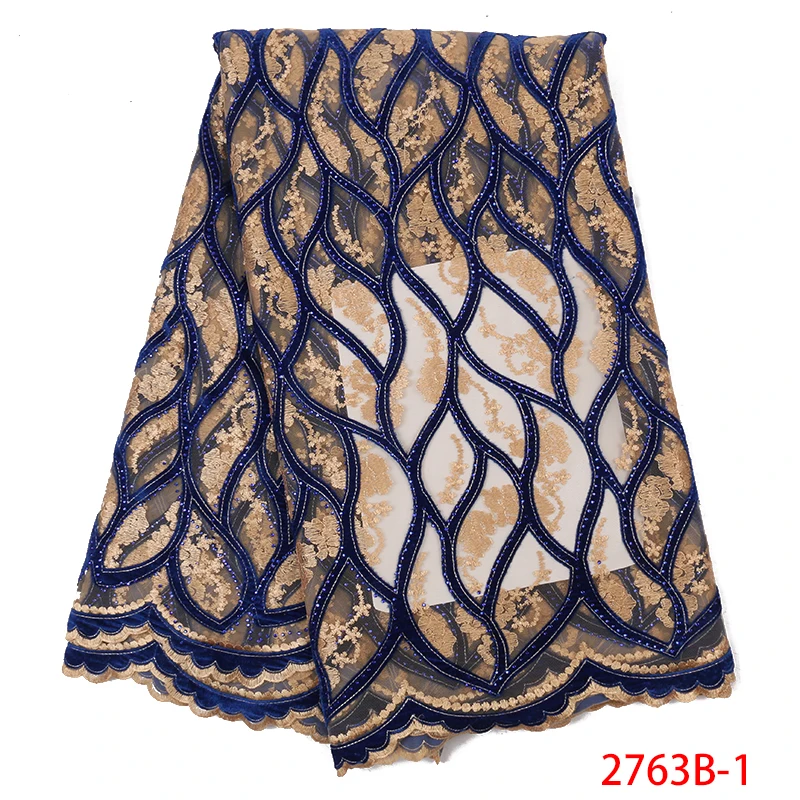 Дизайнерская африканская дешевая Королевская Синяя кружевная ткань для свадебного платья, новейшая кружевная ткань с блестками, вышитая QF2763B-1